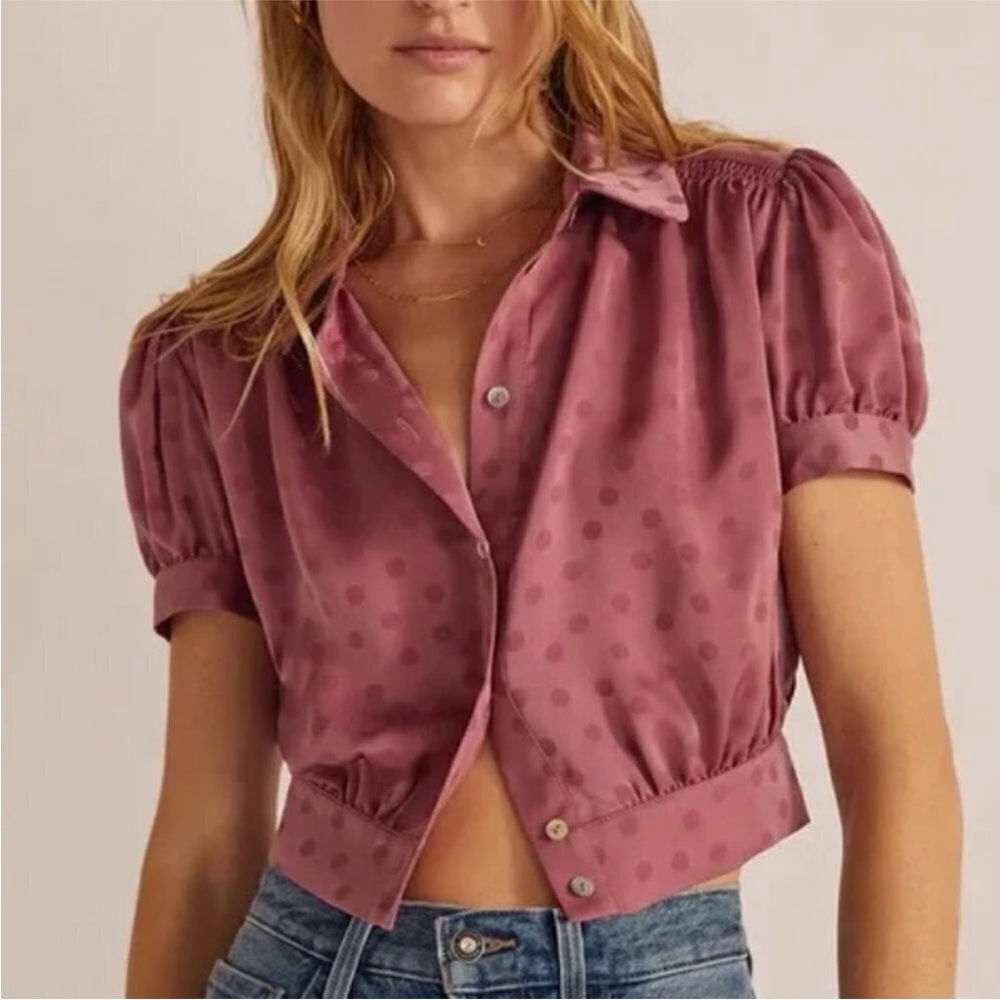 NWOT FAVORITE DAUGHTER Garden Party Banded Waist Blouse in Mauve Polka Dot Sz L